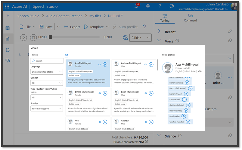 Screen shot of Voice control where developers can set the language of the podcast narrator and characteristics of the voice