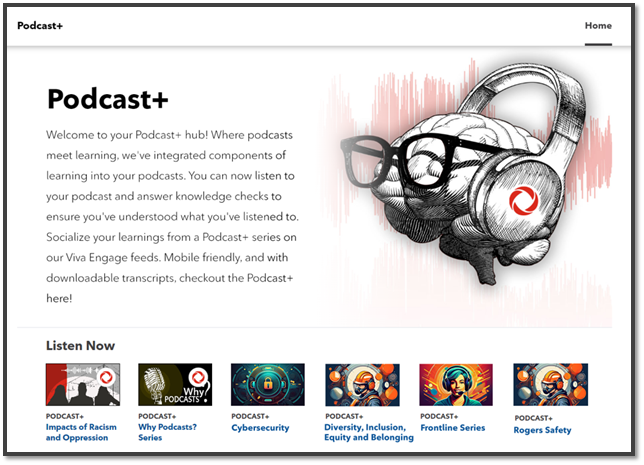 Screen shot of Podcast+ hub, where learners choose which podcast to engage with.