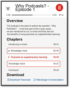 Screen shot of menu where learners can access transcripts, find knowledge checks, and more.